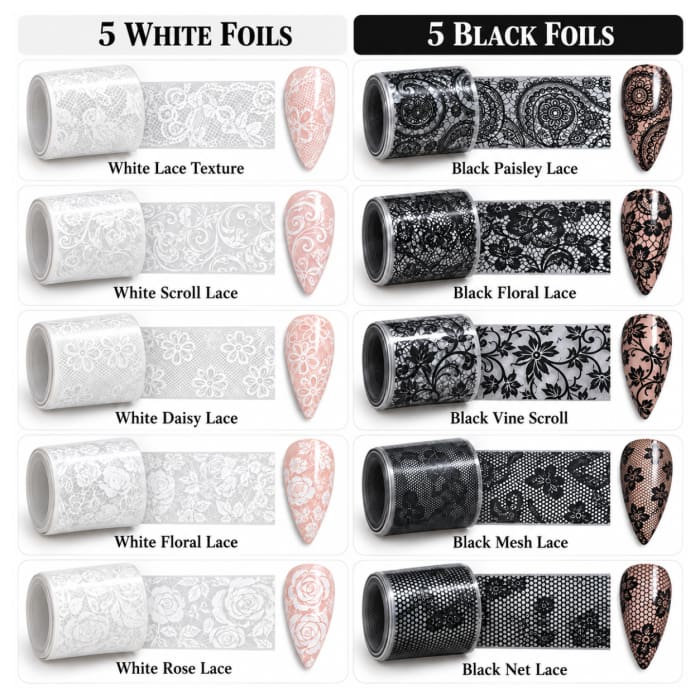 Black & White Lace Nail Foil Transfer Set – Floral & Vintage Designs - OceanNailSupply