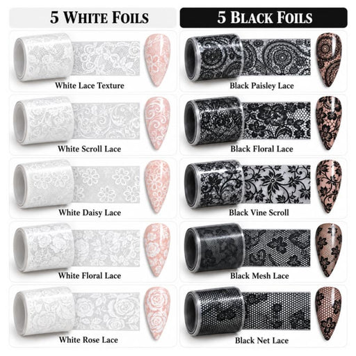 Black & White Lace Nail Foil Transfer Set – Floral & Vintage Designs - OceanNailSupply