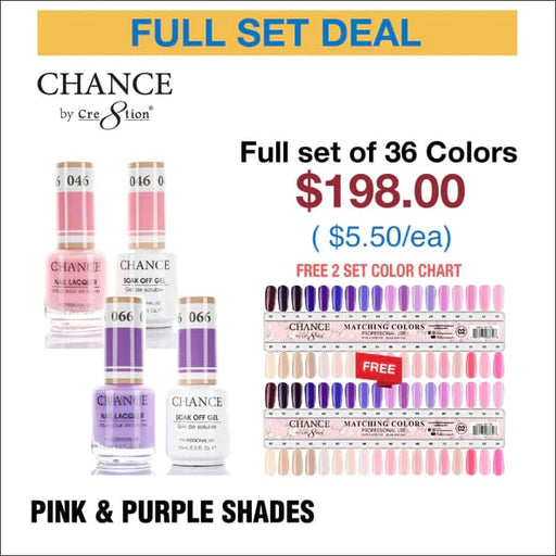 Chance Matching Color Gel & Nail Lacquer 0.5oz - 36 Colors #037 - #072 - Pink & Purple Shades Collection w/ 2 set Color Chart -