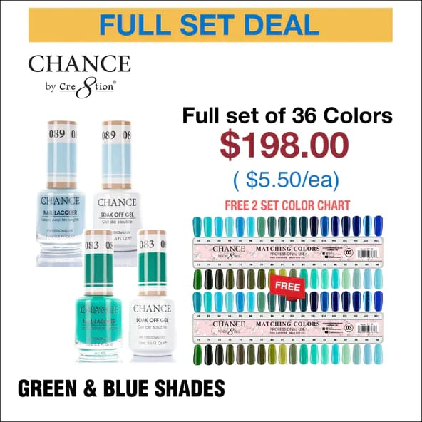 Chance Matching Color Gel & Nail Lacquer 0.5oz - 36 Colors #073 - #108 - Green & Blue Shades Collection w/ 2 set Color Chart -