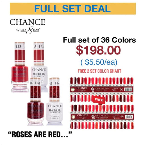Chance Matching Color Gel & Nail Lacquer 0.5oz - 36 Colors #109 - #144 - Roses Are Red... Collection w/ 2 set Color Chart - OceanNailSupply