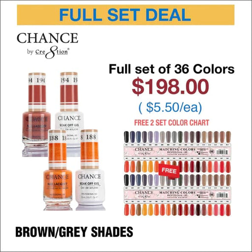 Chance Matching Color Gel & Nail Lacquer 0.5oz - 36 Colors #181 - #216 - Orange/Grey Shades Collection w/ 2 set Color Chart -
