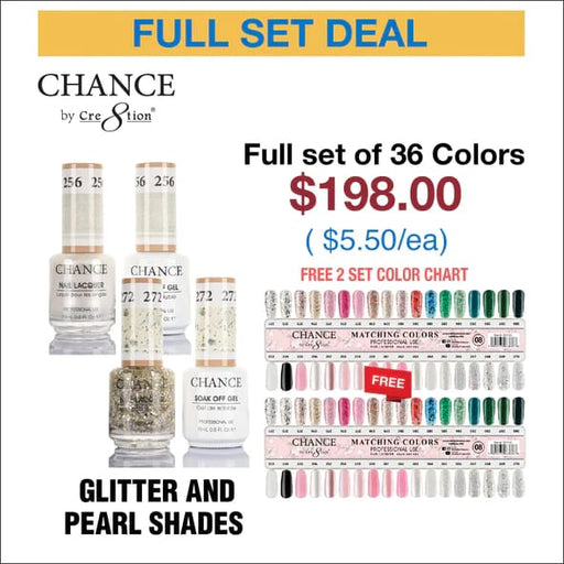 Chance Matching Color Gel & Nail Lacquer 0.5oz - 36 Colors #253 - #288 - Glitter and Pearl Shades Collection w/ 2 set Color Chart -