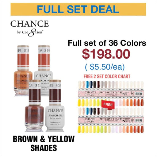 Chance Matching Color Gel & Nail Lacquer 0.5oz - 36 Colors #289 - #324 - Brown/Yellow/Nude Shades Collection w/ 2 set Color Chart -