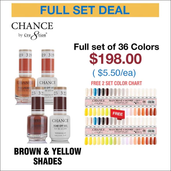 Chance Matching Color Gel & Nail Lacquer 0.5oz - 36 Colors #289 - #324 - Brown/Yellow/Nude Shades Collection w/ 2 set Color Chart -