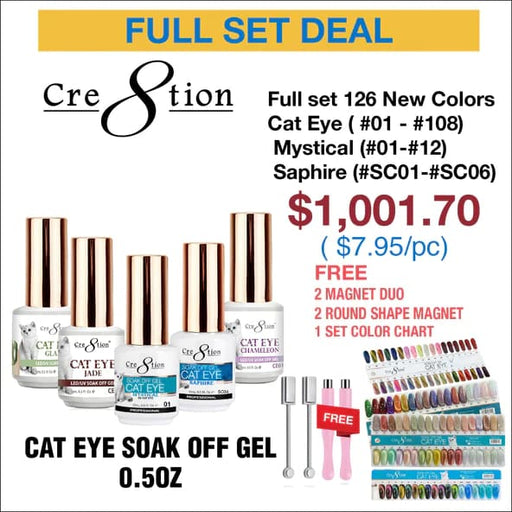 Cre8tion Cat Eye Soak Off Gel 0.5oz - Full Set 126 Colors - Cat Eye colors (#01 - #108). Mystical Collection (#01-#12) & Saphire Cat Eye