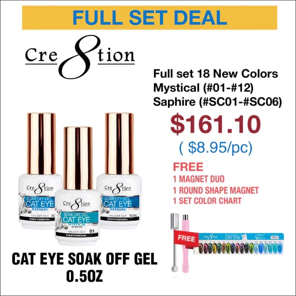 Cre8tion Cat Eye Soak Off Gel 0.5oz - Full Set 18 Colors - Mystical Collection (#01-#12) & Saphire Cat Eye (#SC01-#SC06) w/ 1 Round Shape