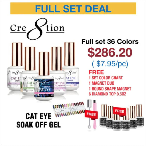 Cre8tion Cat Eye Soak Off Gel 0.5oz - Full Set 36 colors (#01 - #36) w/ 6 Top Diamond 0.5oz 2 Magnet Duo & 1 set Color Chart -