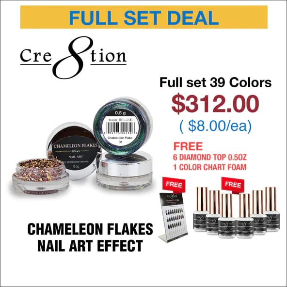 Cre8tion Chameleon Flakes Nail Art Effect 0.5g - Full set 39 colors w/ 6 Top Diamond 0.5oz & Display Board - OceanNailSupply