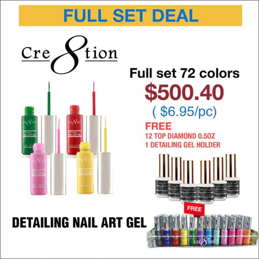 Cre8tion Detailing Nail Art Gel - Full set 72 colors w/ 12 Top Diamond 0.5oz & 1 Detailing Gel Holder - OceanNailSupply