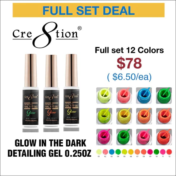 Cre8tion Glow in the Dark Detailing Gel 0.25oz - Full set 12 colors - OceanNailSupply
