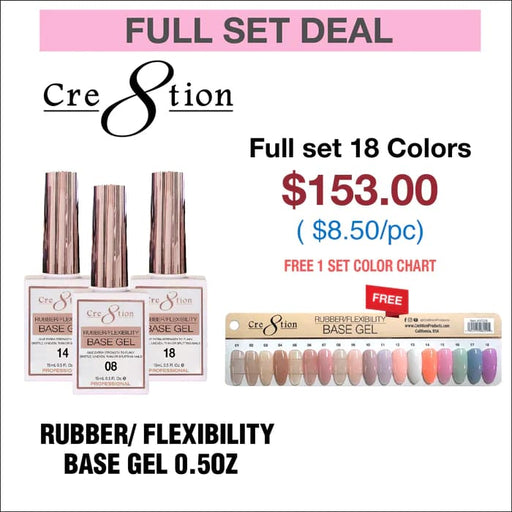 Cre8tion Rubber/ Flexibility Base Gel 0.5oz - Full Set 18 Colors w/ 1 Color Chart OceanNailSupply
