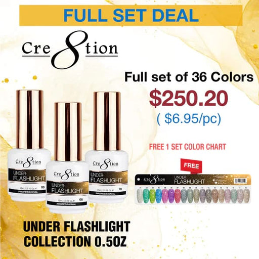 Cre8tion Under Flashlight Collection 0.5oz - Full Set 36 Colors W/ 1 Color Chart - OceanNailSupply