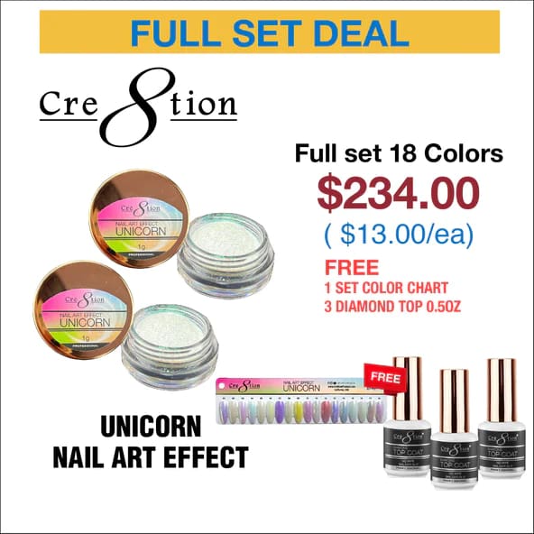 Cre8tion Unicorn Nail Art Effect 1g - Full set 18 colors w/ 3 Top Diamond 0.5oz & 1 set Color Chart - OceanNailSupply