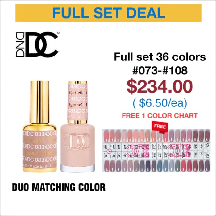 DND DC Duo Matching Color - Full set 36 colors #073 - #108 w/ 1 Color Chart #3 - OceanNailSupply