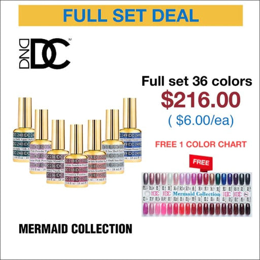 DND DC Mermaid Gel Collection 0.5oz- Full set 36 Colors - 7 #218 - #253 w/ Color Chart - OceanNailSupply