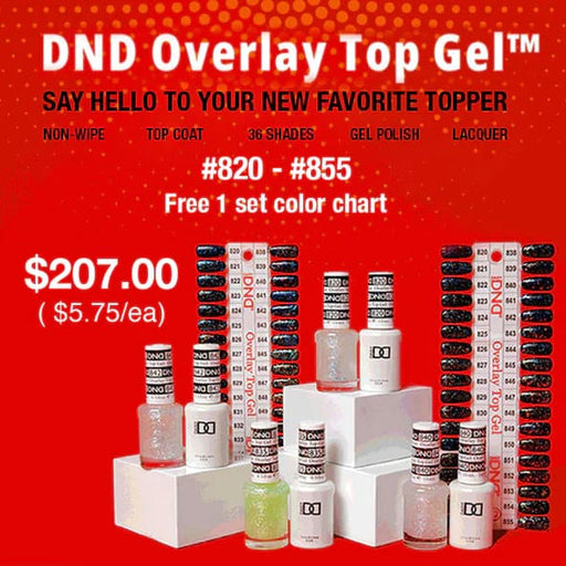 DND Duo Matching Color - Overlay Glitter Top Gel Collection - Full set 36 colors #820 - #855 w/ 1 color chart - OceanNailSupply