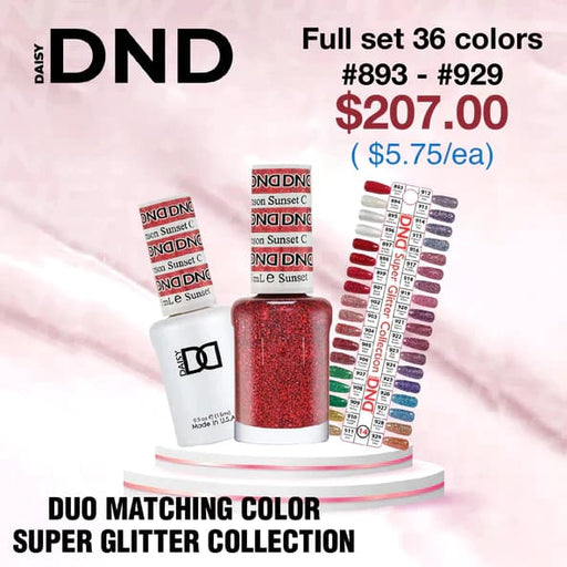 DND Duo Matching Color - Super Glitter Collection - Full set 36 colors #893 - #929 w/ 1 Color Chart - OceanNailSupply
