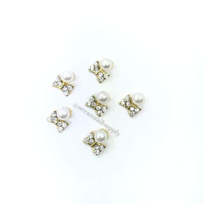 Charms - A002 Gold Bow with crystal and pearl - OceanNailSupply