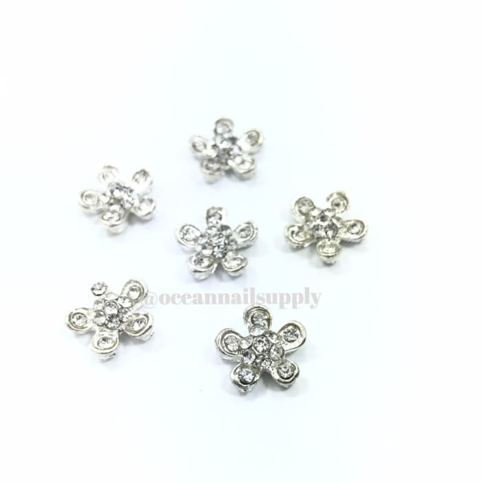 Charms - A009 Silver Flower with Crystal - OceanNailSupply
