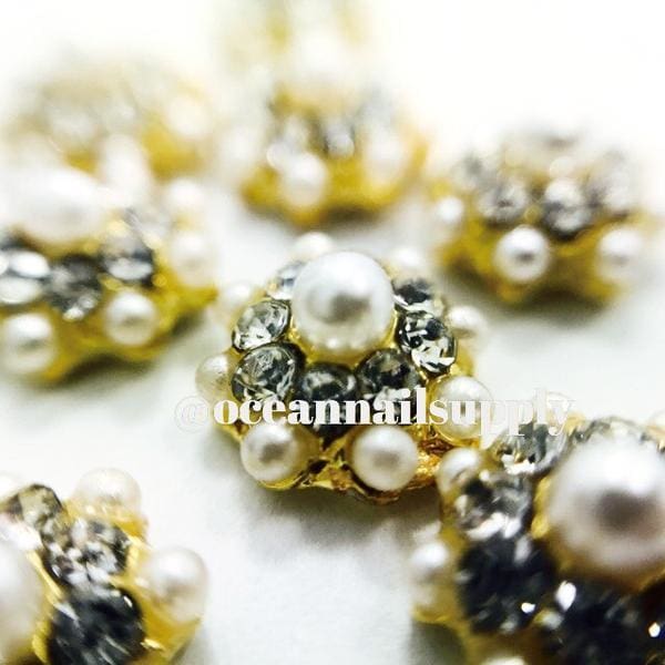Charms - A010 Gold Flower with Crystal & Pearl - OceanNailSupply