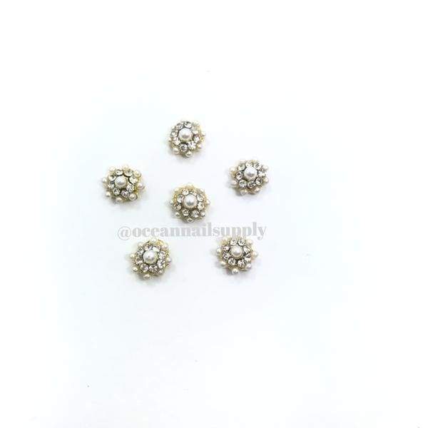 Charms - A010 Gold Flower with Crystal & Pearl - OceanNailSupply