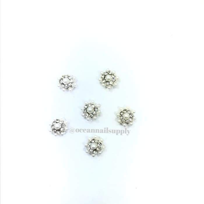 Charms - A011 Silver Flower with Crystal & Pearl - OceanNailSupply